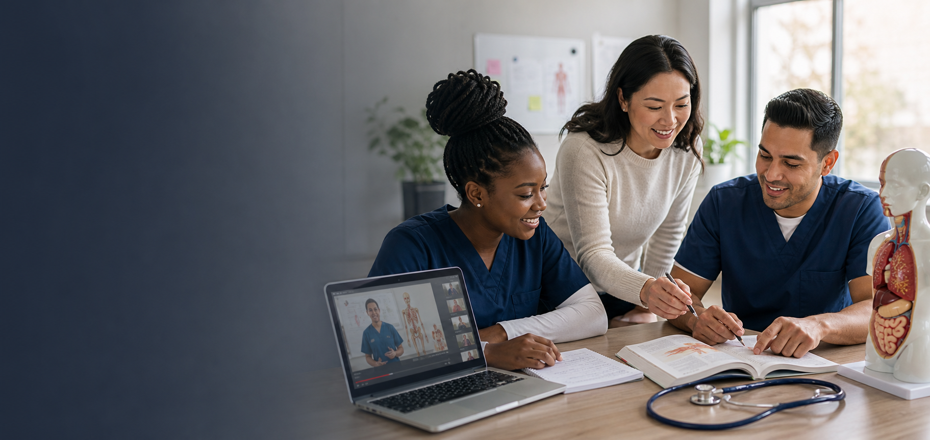 Healthcare students studying online with an instructor